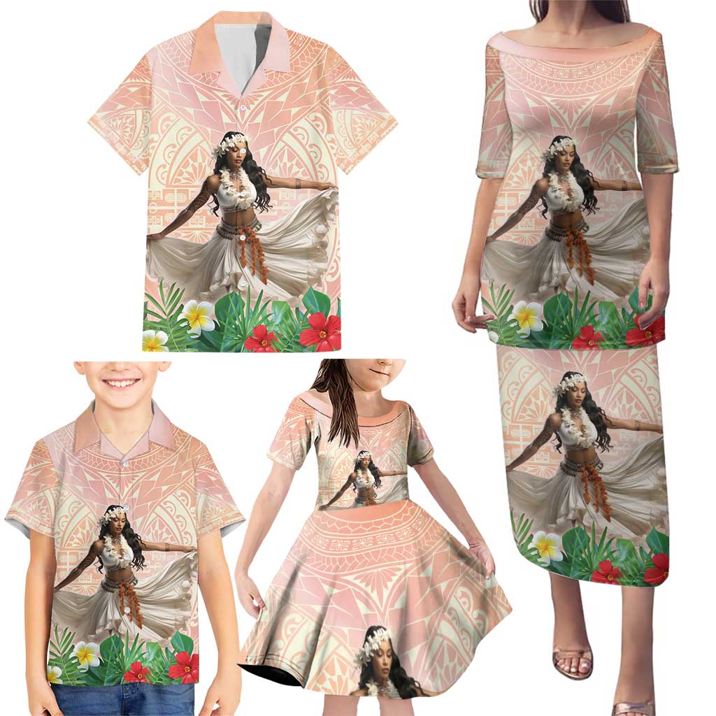 Woman Polynesian Tattoos Family Matching Puletasi and Hawaiian Shirt Tropical Flower - Peach Fuzz Color LT03 - Polynesian Pride