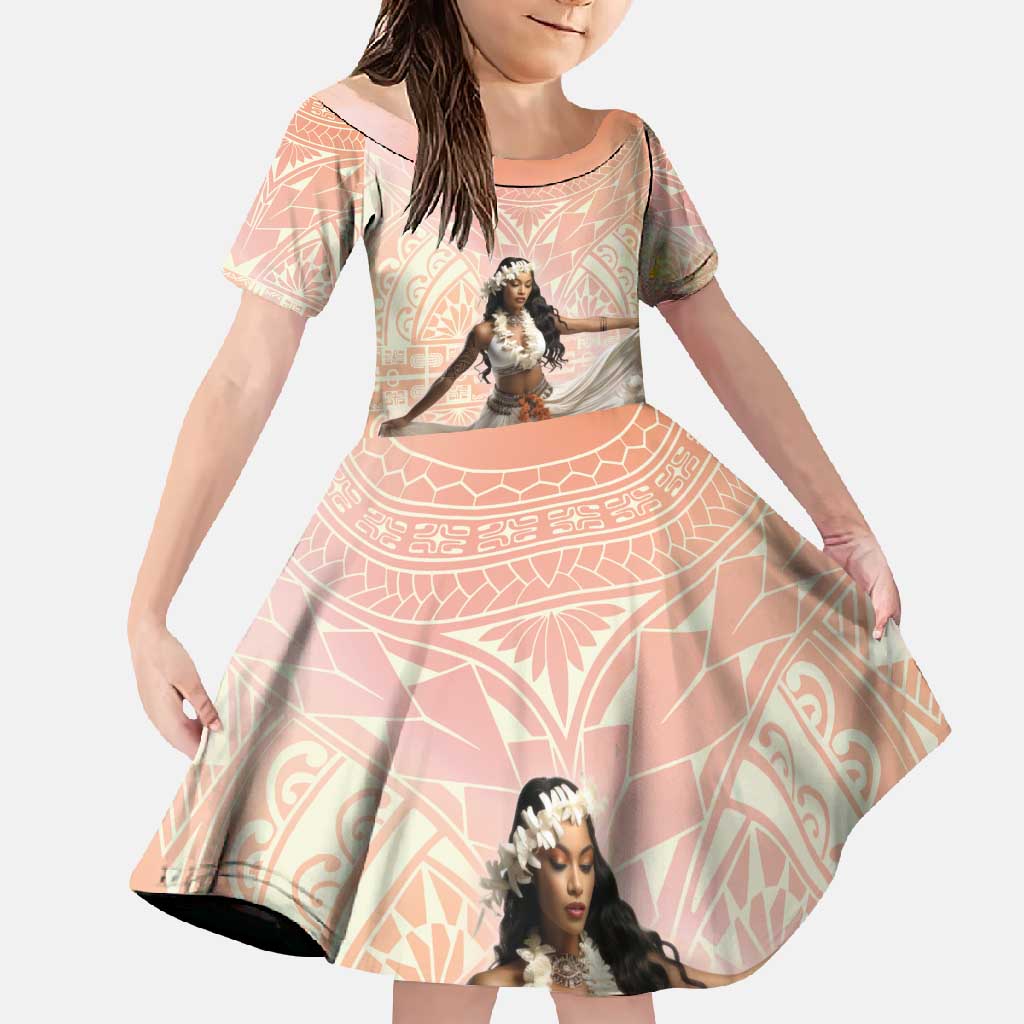 Woman Polynesian Tattoos Family Matching Short Sleeve Bodycon Dress and Hawaiian Shirt Tropical Flower - Peach Fuzz Color LT03 Daughter's Dress Peach Fuzz - Polynesian Pride