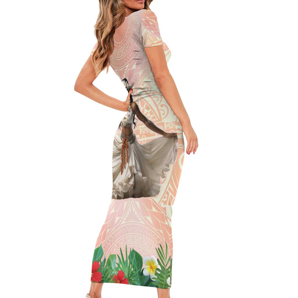 Woman Polynesian Tattoos Family Matching Short Sleeve Bodycon Dress and Hawaiian Shirt Tropical Flower - Peach Fuzz Color LT03 - Polynesian Pride