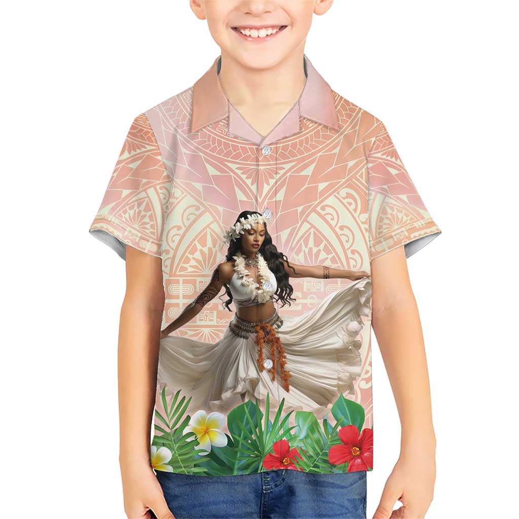 Woman Polynesian Tattoos Family Matching Short Sleeve Bodycon Dress and Hawaiian Shirt Tropical Flower - Peach Fuzz Color LT03 Son's Shirt Peach Fuzz - Polynesian Pride