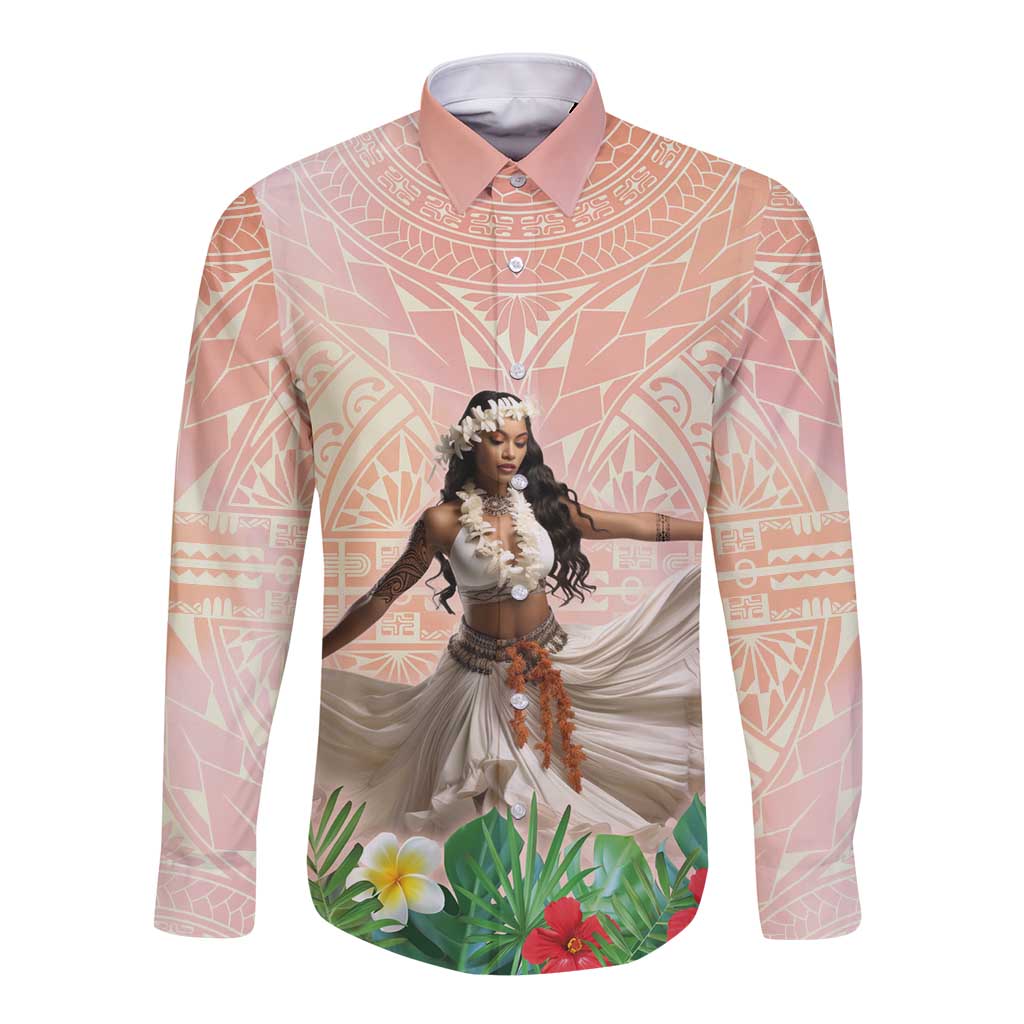 Woman Polynesian Tattoos Long Sleeve Button Shirt Tropical Flower - Peach Fuzz Color