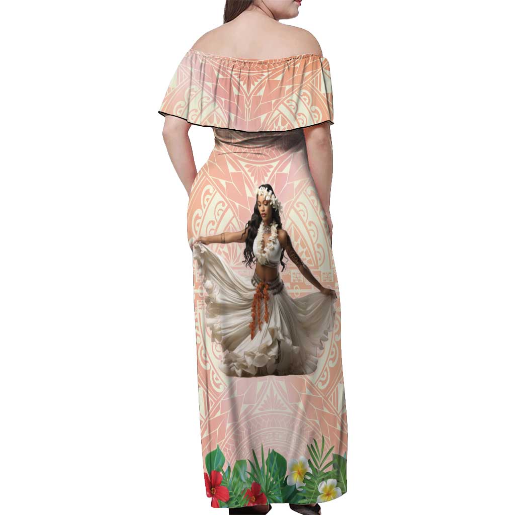 Woman Polynesian Tattoos Off Shoulder Maxi Dress Tropical Flower - Peach Fuzz Color