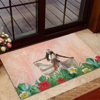 Woman Polynesian Tattoos Rubber Doormat Tropical Flower - Peach Fuzz Color