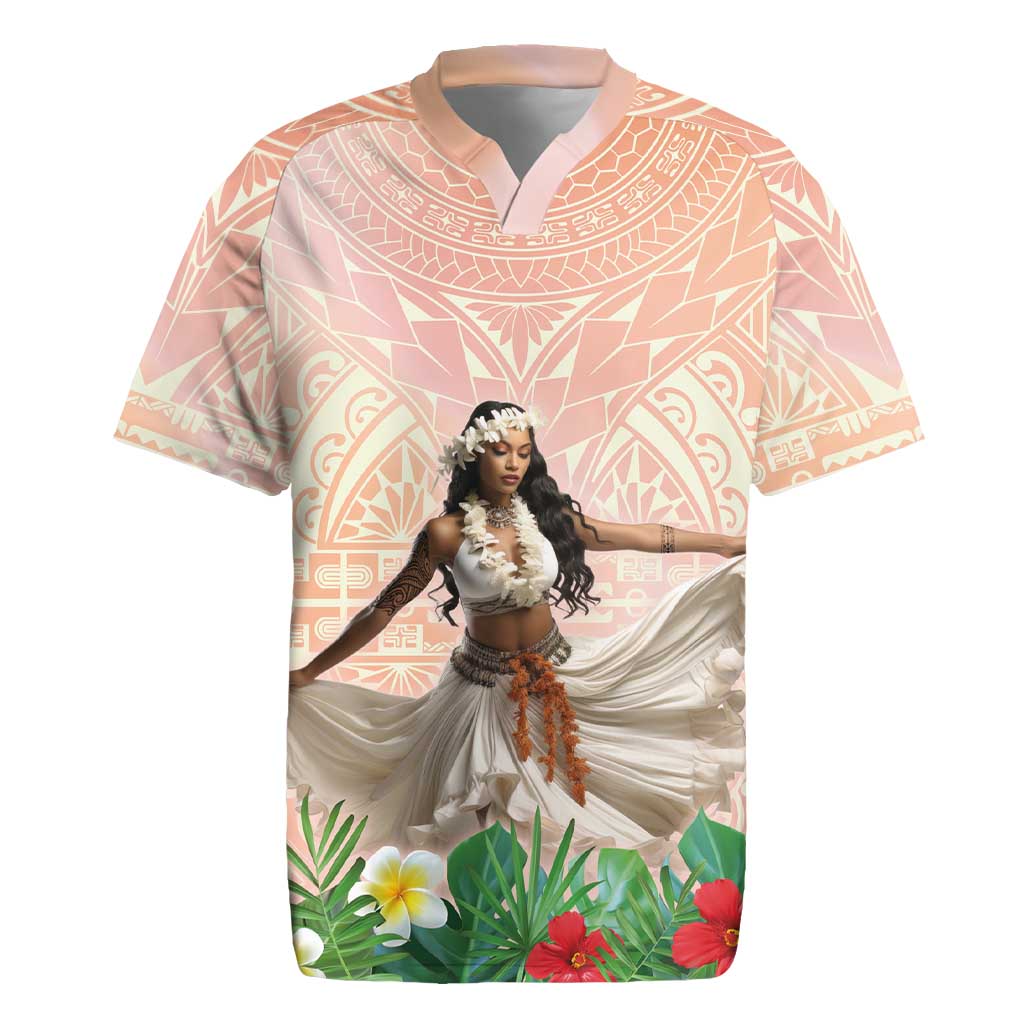 Woman Polynesian Tattoos Rugby Jersey Tropical Flower - Peach Fuzz Color