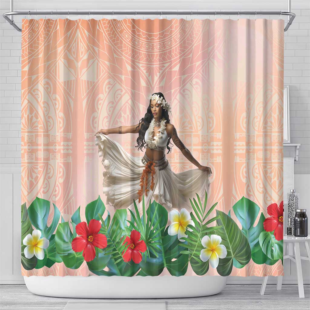 Woman Polynesian Tattoos Shower Curtain Tropical Flower - Peach Fuzz Color