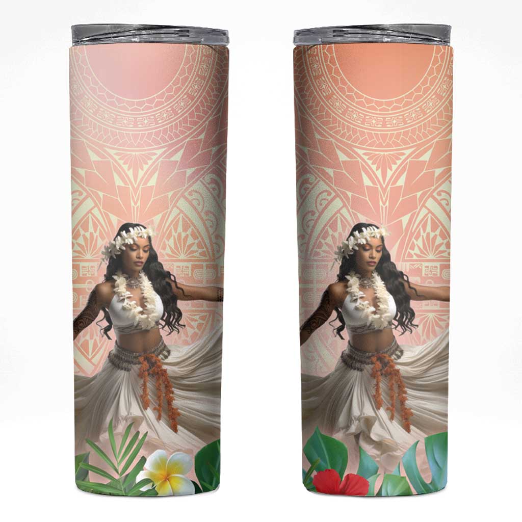 Woman Polynesian Tattoos Skinny Tumbler Tropical Flower - Peach Fuzz Color