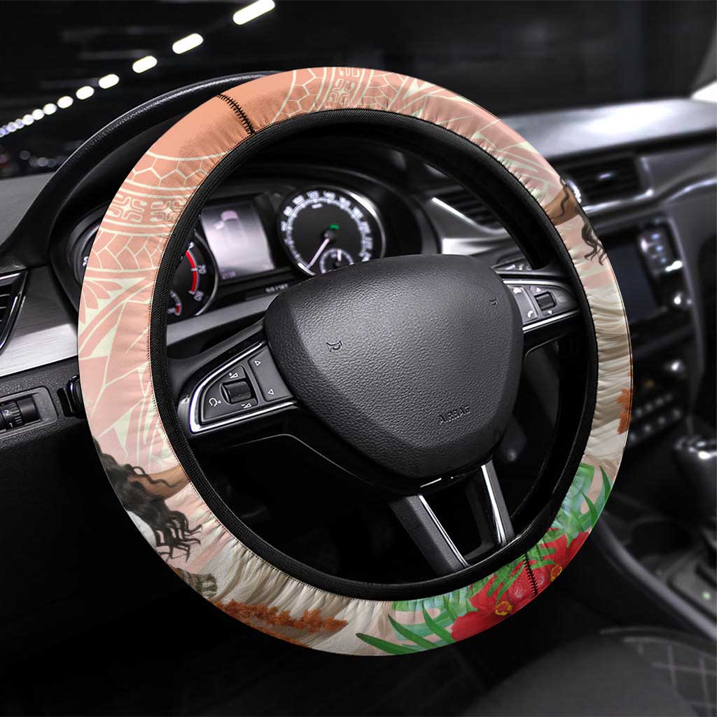 Woman Polynesian Tattoos Steering Wheel Cover Tropical Flower - Peach Fuzz Color