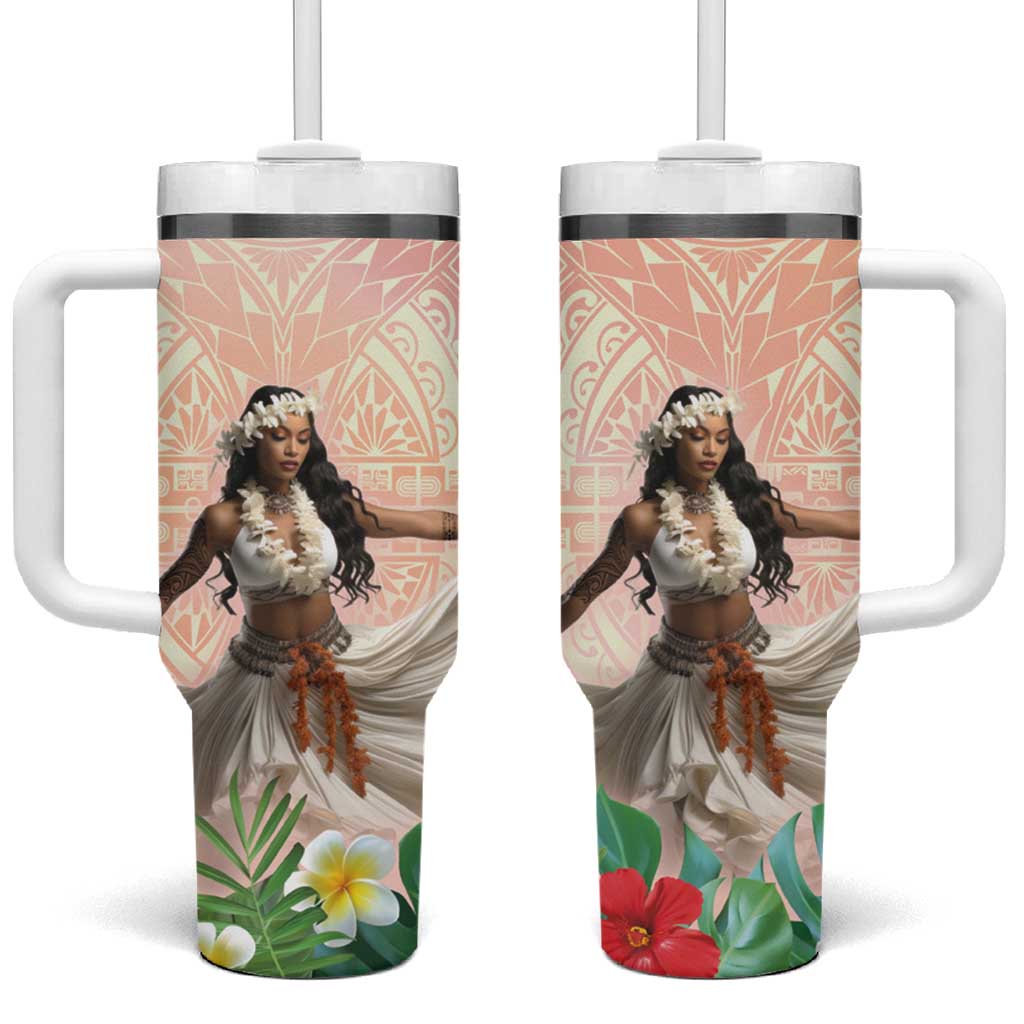 Woman Polynesian Tattoos Tumbler With Handle Tropical Flower - Peach Fuzz Color