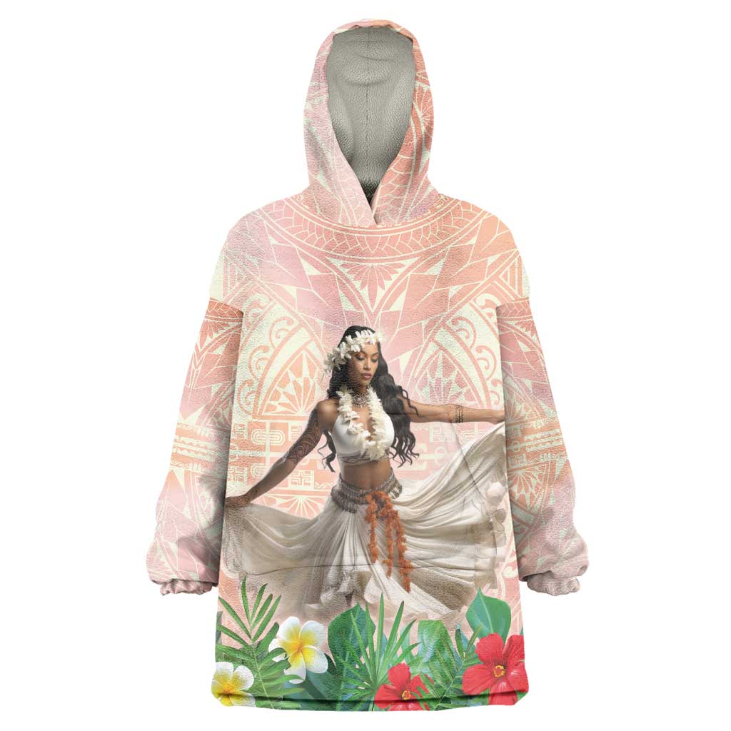 Woman Polynesian Tattoos Wearable Blanket Hoodie Tropical Flower - Peach Fuzz Color