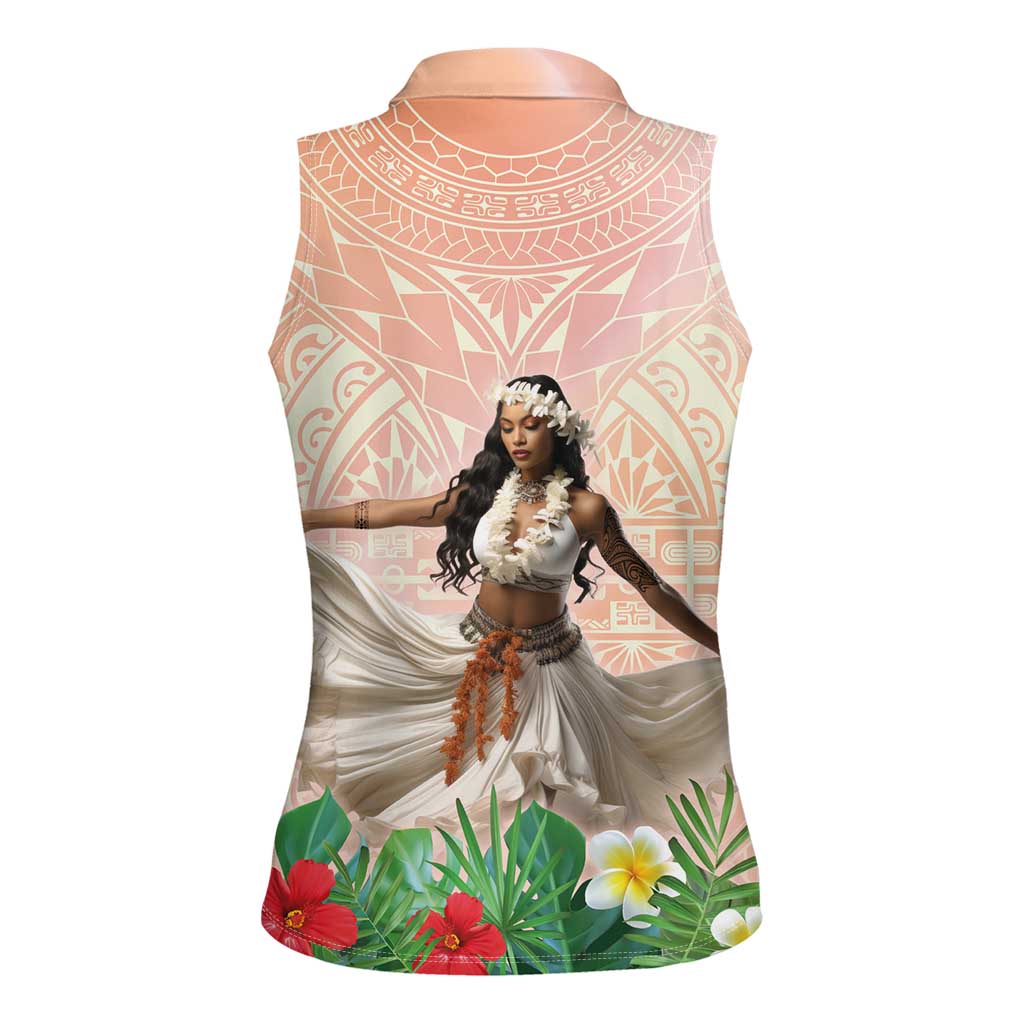 Woman Polynesian Tattoos Women Sleeveless Polo Shirt Tropical Flower - Peach Fuzz Color LT03 - Polynesian Pride