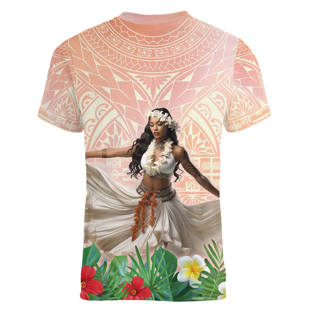 Woman Polynesian Tattoos Women V-Neck T-Shirt Tropical Flower - Peach Fuzz Color LT03 - Polynesian Pride