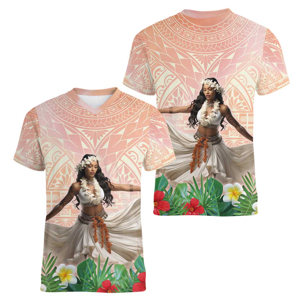 Woman Polynesian Tattoos Women V-Neck T-Shirt Tropical Flower - Peach Fuzz Color LT03 - Polynesian Pride