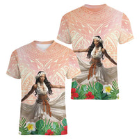 Woman Polynesian Tattoos Women V-Neck T-Shirt Tropical Flower - Peach Fuzz Color LT03 - Polynesian Pride