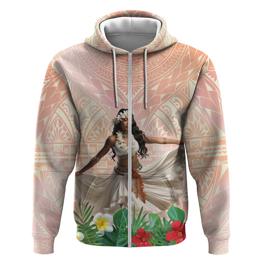 Woman Polynesian Tattoos Zip Hoodie Tropical Flower - Peach Fuzz Color LT03 Zip Hoodie Peach Fuzz - Polynesian Pride