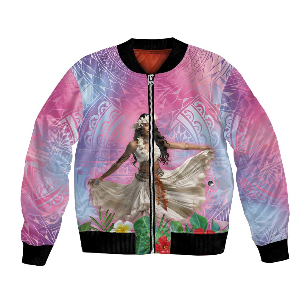 Woman Polynesian Tattoos Bomber Jacket Tropical Flower - Sweets Vibrant Color