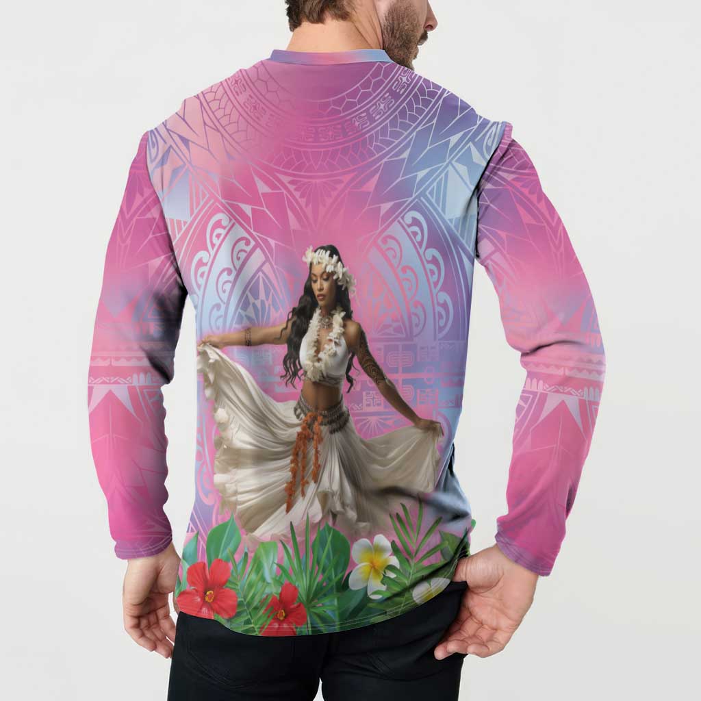 Woman Polynesian Tattoos Button Sweatshirt Tropical Flower - Sweets Vibrant Color