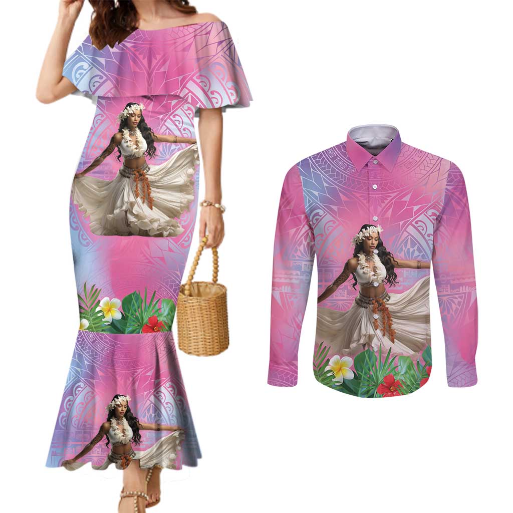 Woman Polynesian Tattoos Couples Matching Mermaid Dress and Long Sleeve Button Shirt Tropical Flower - Sweets Vibrant Color LT03 Vibrant Gradient - Polynesian Pride