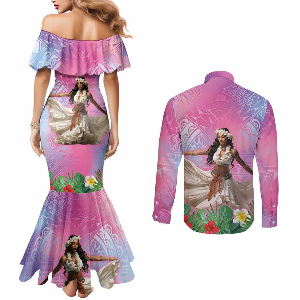 Woman Polynesian Tattoos Couples Matching Mermaid Dress and Long Sleeve Button Shirt Tropical Flower - Sweets Vibrant Color LT03 - Polynesian Pride