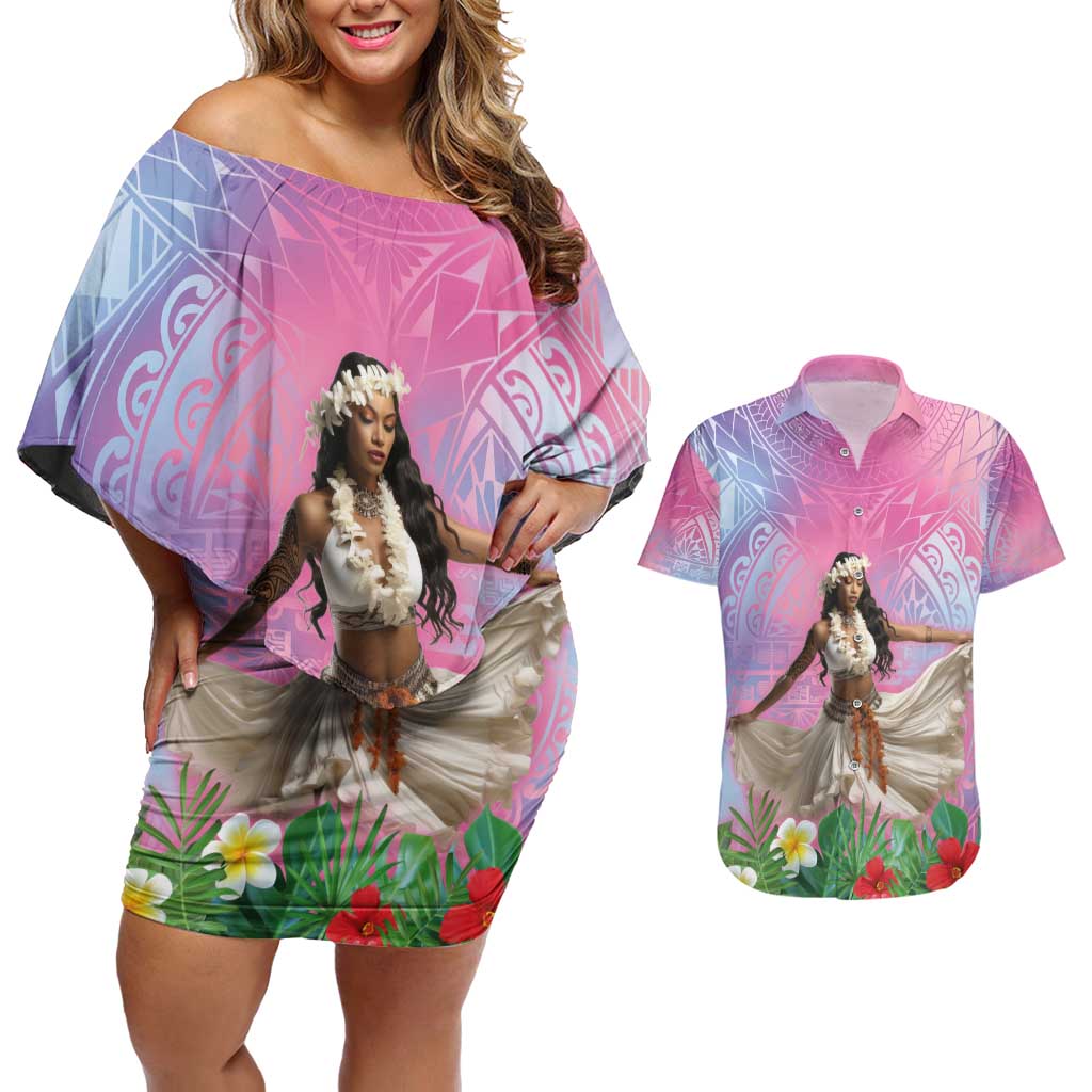 Woman Polynesian Tattoos Couples Matching Off Shoulder Short Dress and Hawaiian Shirt Tropical Flower - Sweets Vibrant Color LT03 Vibrant Gradient - Polynesian Pride