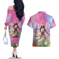 Woman Polynesian Tattoos Couples Matching Off The Shoulder Long Sleeve Dress and Hawaiian Shirt Tropical Flower - Sweets Vibrant Color LT03 - Polynesian Pride