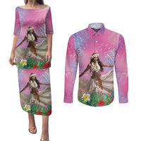Woman Polynesian Tattoos Couples Matching Puletasi and Long Sleeve Button Shirt Tropical Flower - Sweets Vibrant Color LT03 Vibrant Gradient - Polynesian Pride