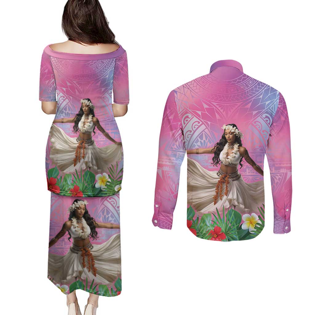 Woman Polynesian Tattoos Couples Matching Puletasi and Long Sleeve Button Shirt Tropical Flower - Sweets Vibrant Color LT03 - Polynesian Pride