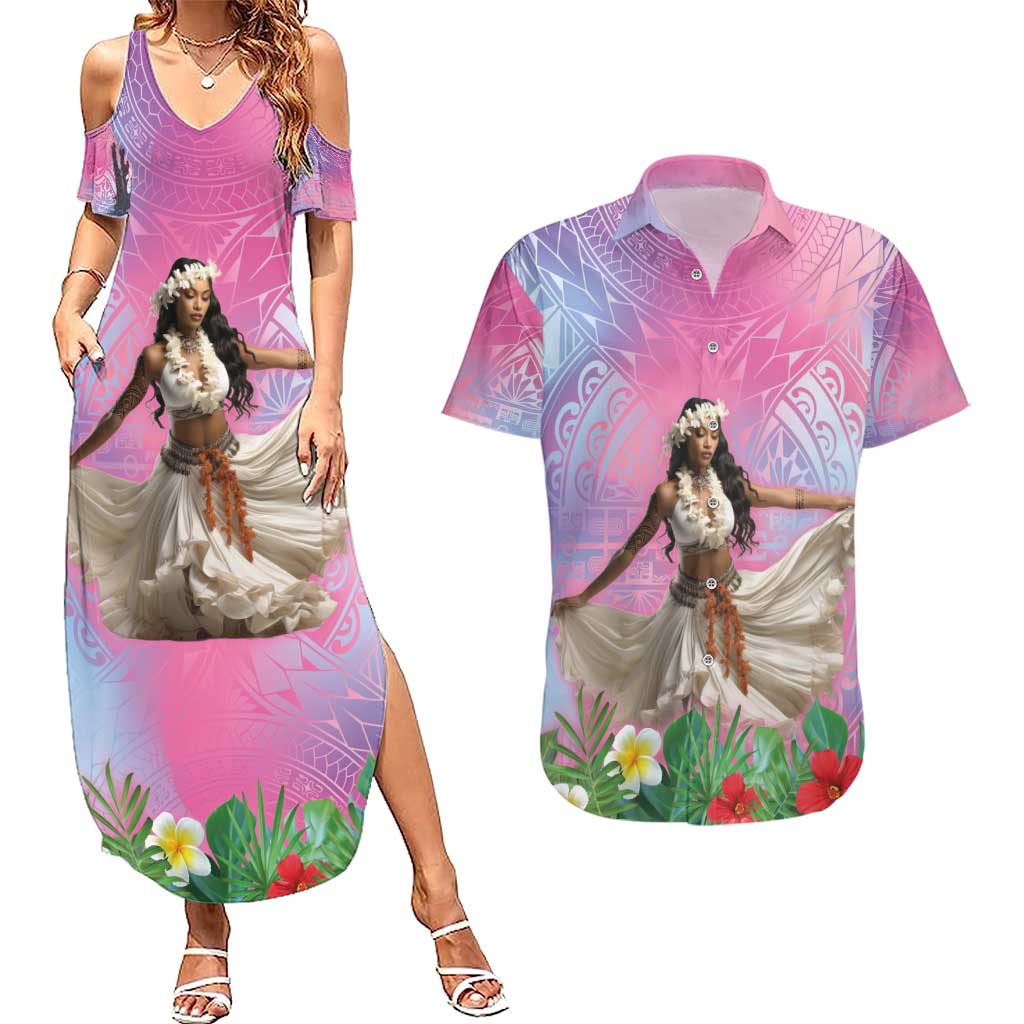 Woman Polynesian Tattoos Couples Matching Summer Maxi Dress and Hawaiian Shirt Tropical Flower - Sweets Vibrant Color LT03 Vibrant Gradient - Polynesian Pride