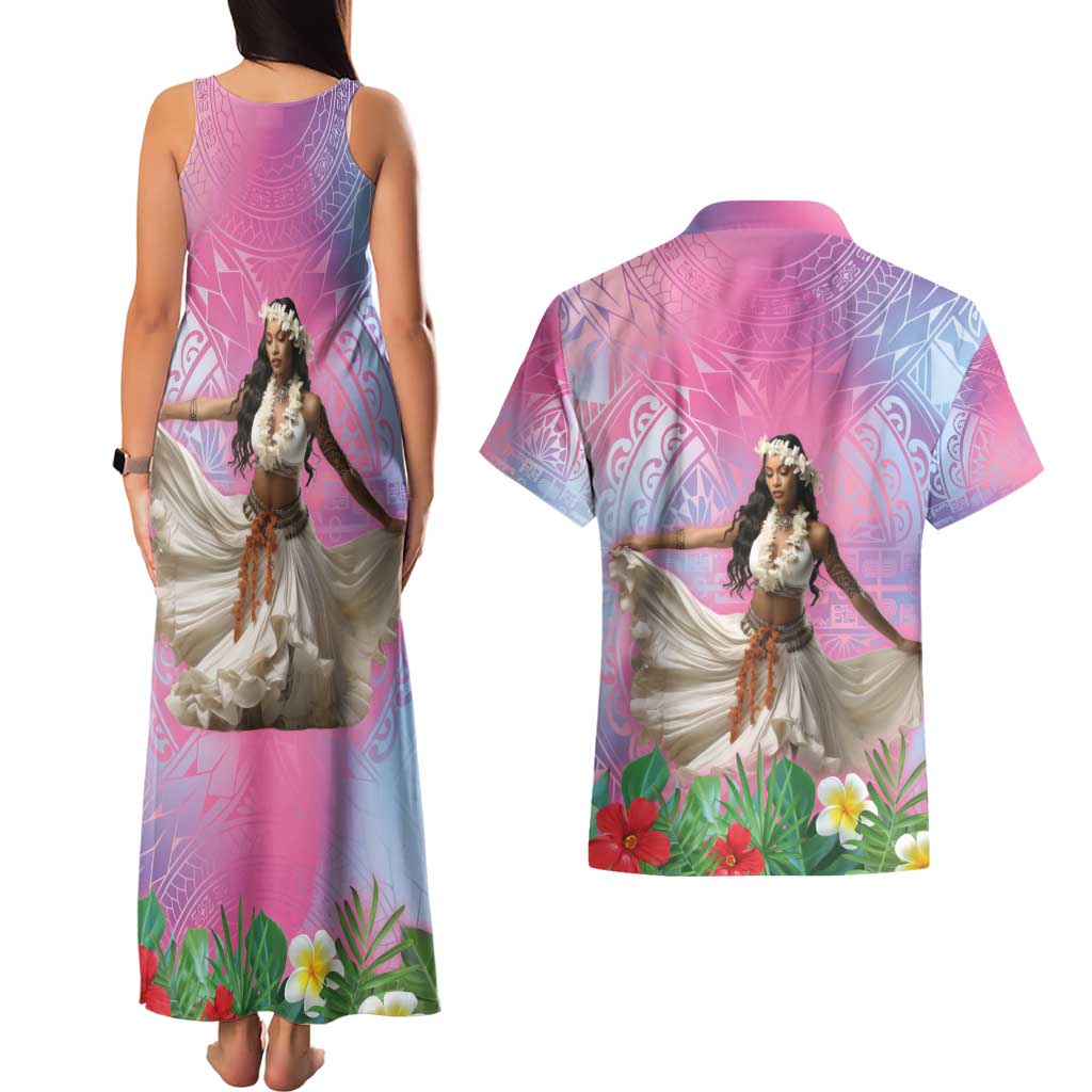 Woman Polynesian Tattoos Couples Matching Tank Maxi Dress and Hawaiian Shirt Tropical Flower - Sweets Vibrant Color LT03 - Polynesian Pride