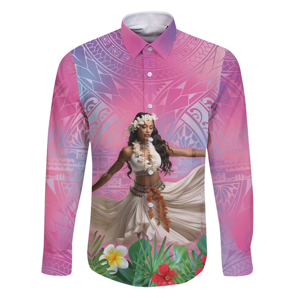 Woman Polynesian Tattoos Family Matching Short Sleeve Bodycon Dress and Hawaiian Shirt Tropical Flower - Sweets Vibrant Color LT03 Dad's Shirt - Long Sleeve Vibrant Gradient - Polynesian Pride