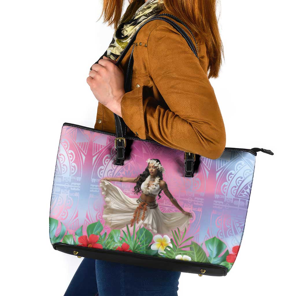 Woman Polynesian Tattoos Leather Tote Bag Tropical Flower - Sweets Vibrant Color