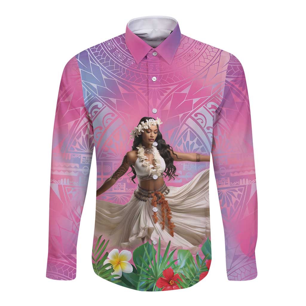 Woman Polynesian Tattoos Long Sleeve Button Shirt Tropical Flower - Sweets Vibrant Color