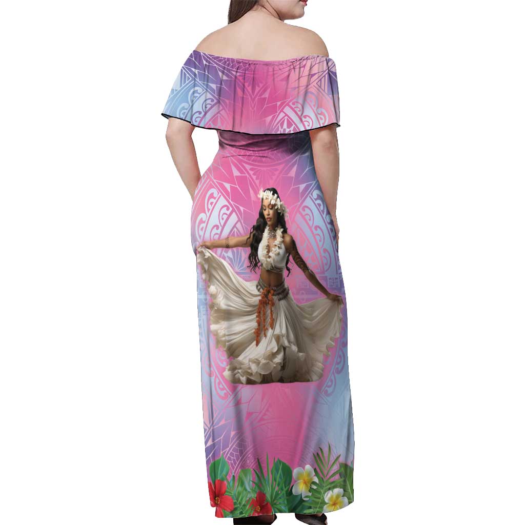 Woman Polynesian Tattoos Off Shoulder Maxi Dress Tropical Flower - Sweets Vibrant Color