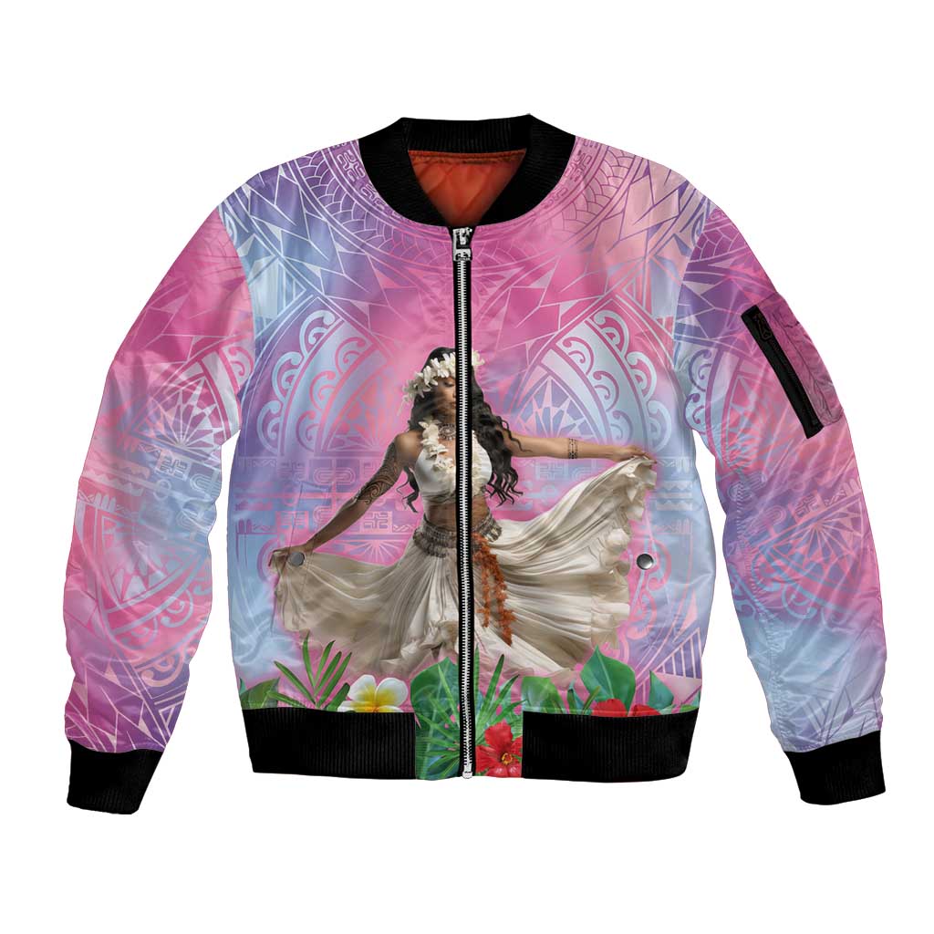 Woman Polynesian Tattoos Sleeve Zip Bomber Jacket Tropical Flower - Sweets Vibrant Color