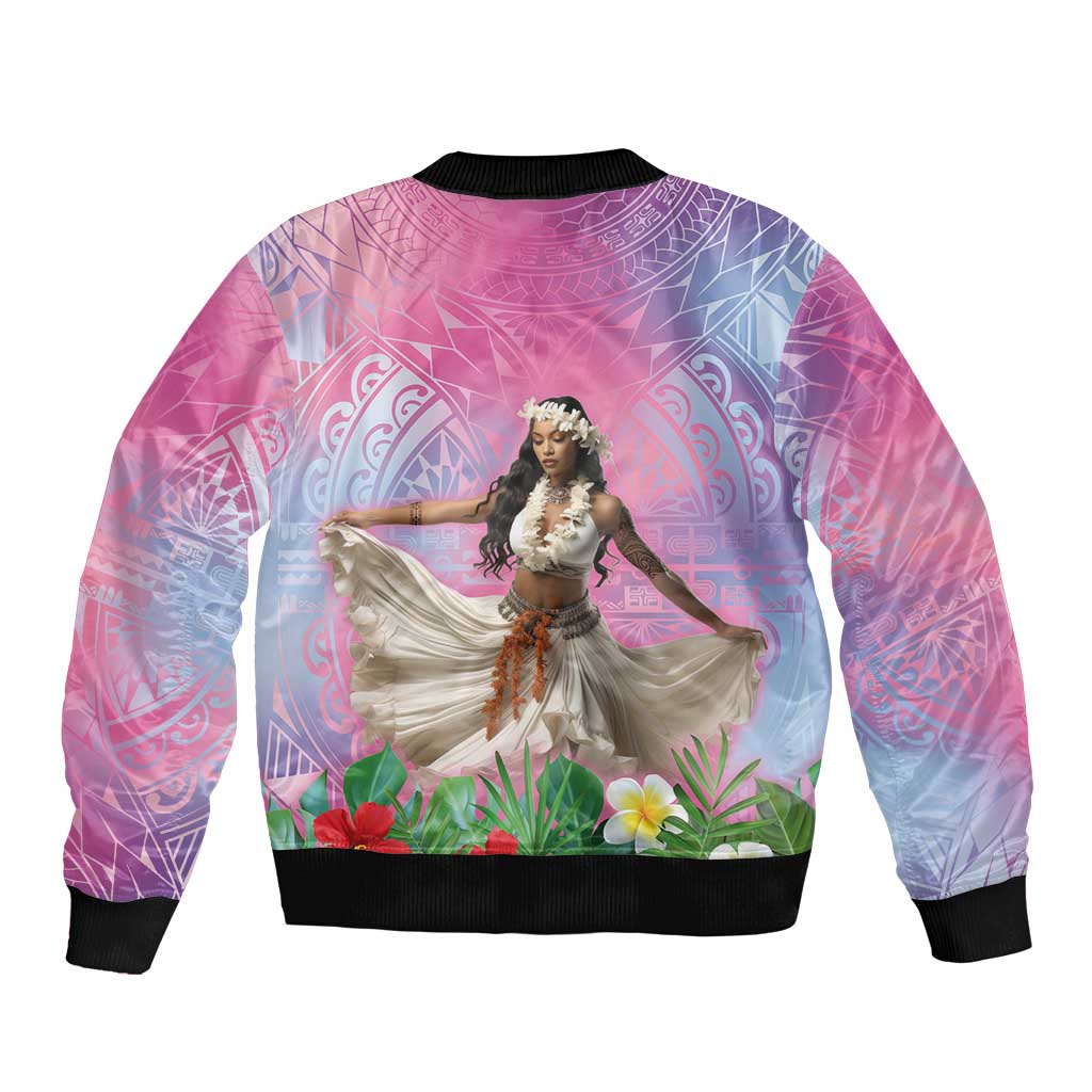 Woman Polynesian Tattoos Sleeve Zip Bomber Jacket Tropical Flower - Sweets Vibrant Color LT03 - Polynesian Pride
