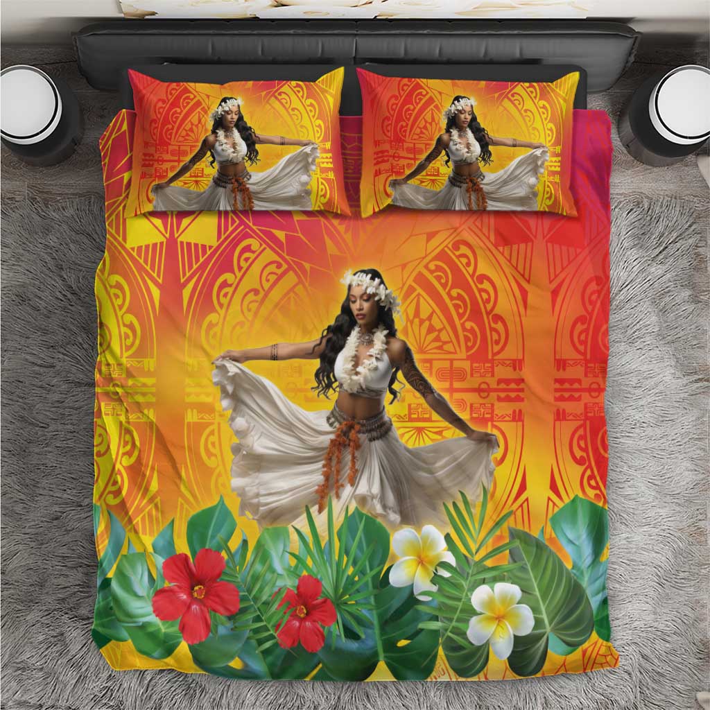 Woman Polynesian Tattoos Bedding Set Tropical Flower - Vibrant Hot Color