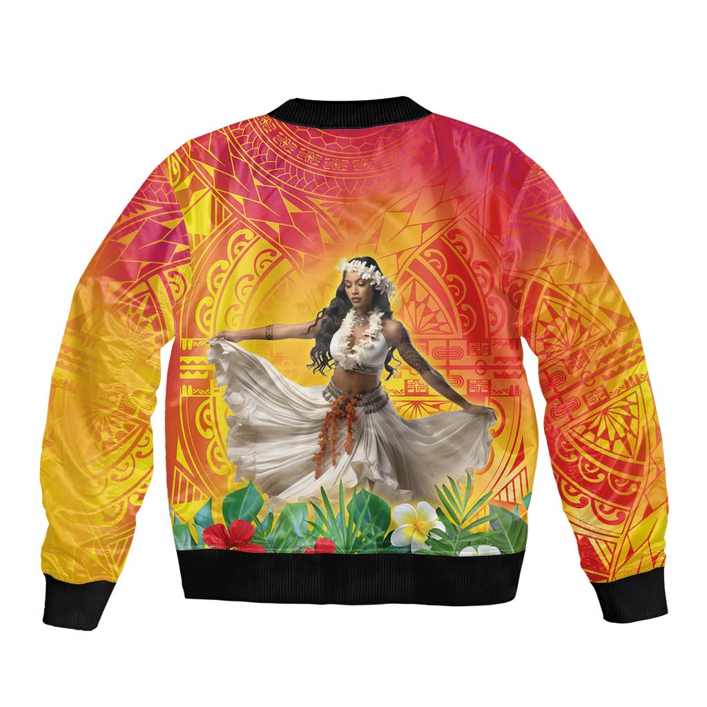 Woman Polynesian Tattoos Bomber Jacket Tropical Flower - Vibrant Hot Color LT03 - Polynesian Pride