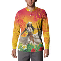 Woman Polynesian Tattoos Button Sweatshirt Tropical Flower - Vibrant Hot Color