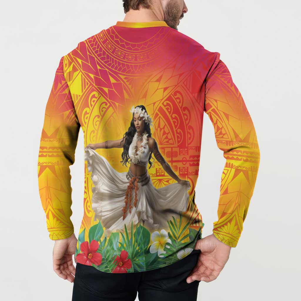 Woman Polynesian Tattoos Button Sweatshirt Tropical Flower - Vibrant Hot Color