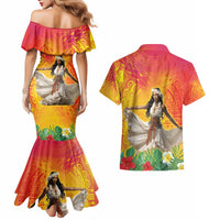 Woman Polynesian Tattoos Couples Matching Mermaid Dress and Hawaiian Shirt Tropical Flower - Vibrant Hot Color LT03 - Polynesian Pride