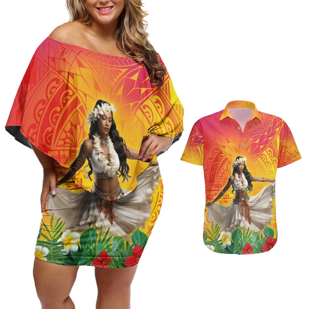 Woman Polynesian Tattoos Couples Matching Off Shoulder Short Dress and Hawaiian Shirt Tropical Flower - Vibrant Hot Color LT03 Vibrant Gradient - Polynesian Pride