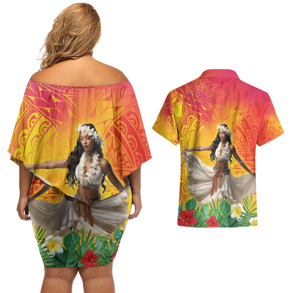 Woman Polynesian Tattoos Couples Matching Off Shoulder Short Dress and Hawaiian Shirt Tropical Flower - Vibrant Hot Color LT03 - Polynesian Pride