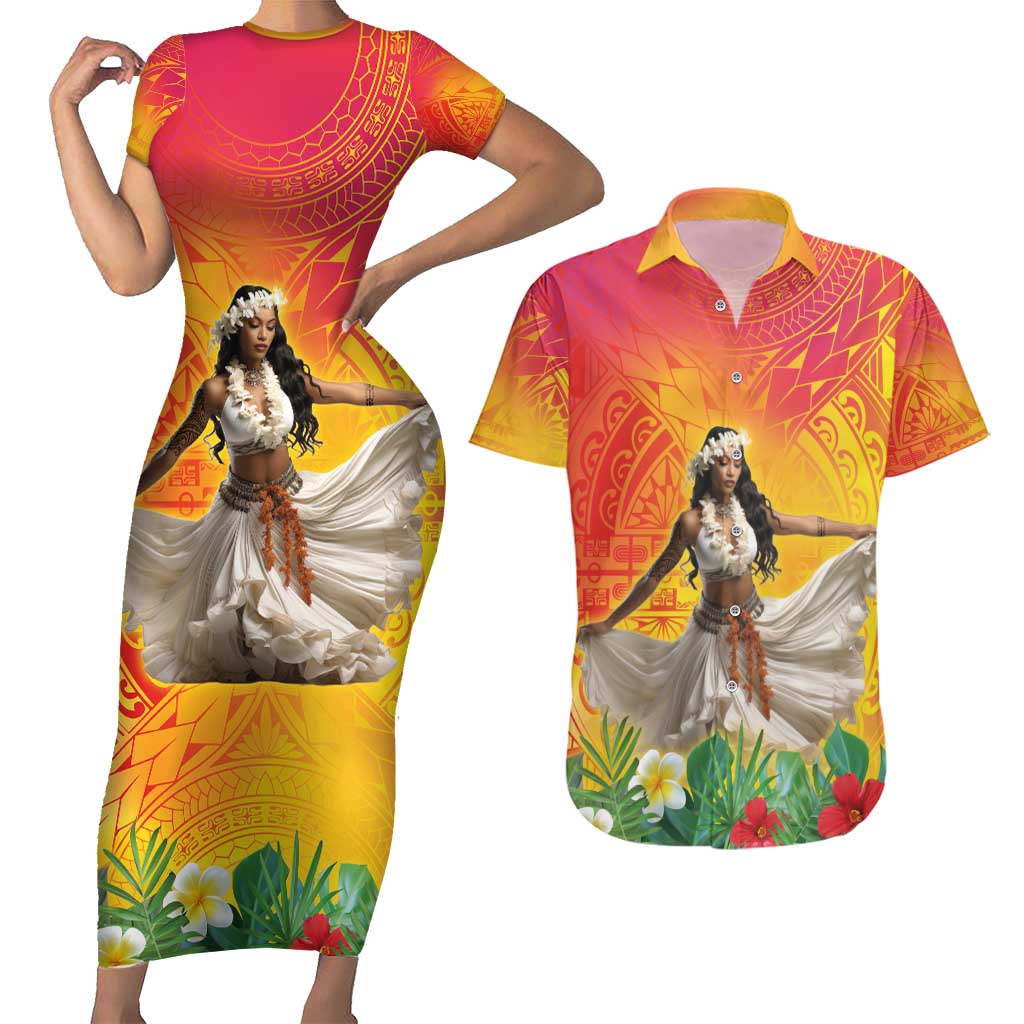 Woman Polynesian Tattoos Couples Matching Short Sleeve Bodycon Dress and Hawaiian Shirt Tropical Flower - Vibrant Hot Color