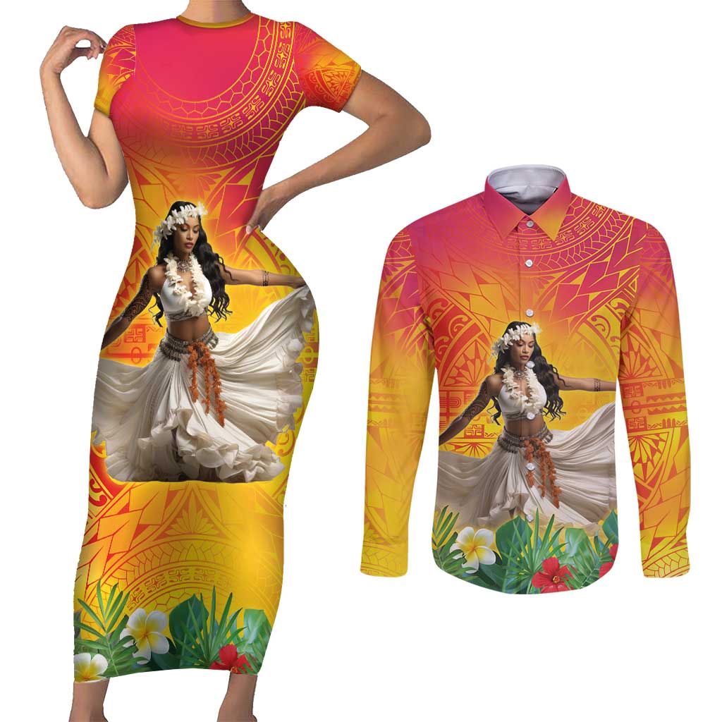 Woman Polynesian Tattoos Couples Matching Short Sleeve Bodycon Dress and Long Sleeve Button Shirt Tropical Flower - Vibrant Hot Color LT03 Vibrant Gradient - Polynesian Pride