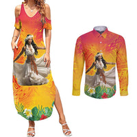 Woman Polynesian Tattoos Couples Matching Summer Maxi Dress and Long Sleeve Button Shirt Tropical Flower - Vibrant Hot Color LT03 Vibrant Gradient - Polynesian Pride
