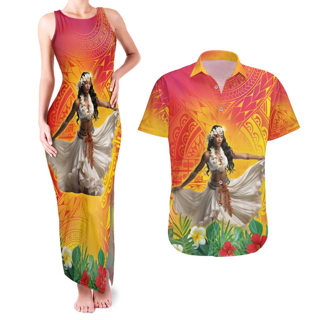 Woman Polynesian Tattoos Couples Matching Tank Maxi Dress and Hawaiian Shirt Tropical Flower - Vibrant Hot Color LT03 Vibrant Gradient - Polynesian Pride