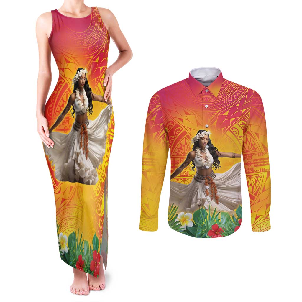 Woman Polynesian Tattoos Couples Matching Tank Maxi Dress and Long Sleeve Button Shirt Tropical Flower - Vibrant Hot Color LT03 Vibrant Gradient - Polynesian Pride