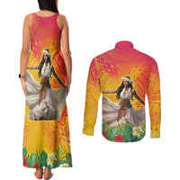 Woman Polynesian Tattoos Couples Matching Tank Maxi Dress and Long Sleeve Button Shirt Tropical Flower - Vibrant Hot Color LT03 - Polynesian Pride
