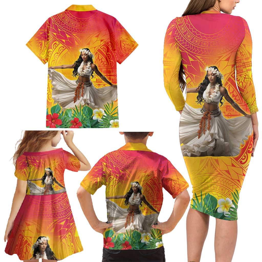 Woman Polynesian Tattoos Family Matching Long Sleeve Bodycon Dress and Hawaiian Shirt Tropical Flower - Vibrant Hot Color LT03 - Polynesian Pride