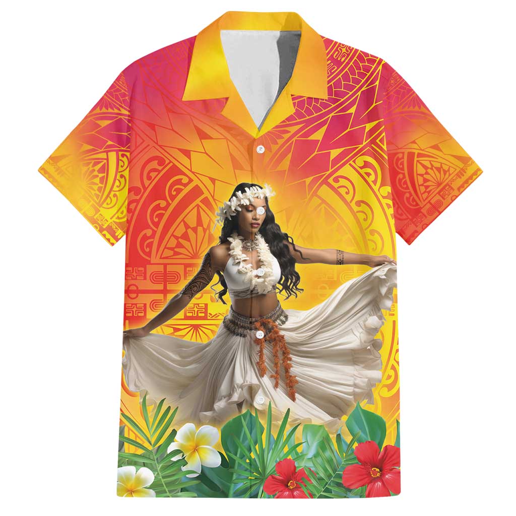 Woman Polynesian Tattoos Family Matching Long Sleeve Bodycon Dress and Hawaiian Shirt Tropical Flower - Vibrant Hot Color LT03 Dad's Shirt - Short Sleeve Vibrant Gradient - Polynesian Pride