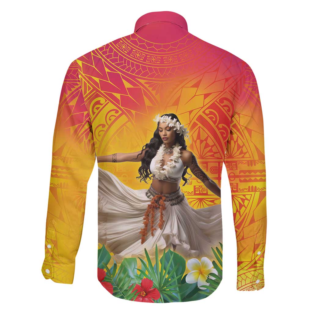 Woman Polynesian Tattoos Family Matching Long Sleeve Bodycon Dress and Hawaiian Shirt Tropical Flower - Vibrant Hot Color LT03 - Polynesian Pride